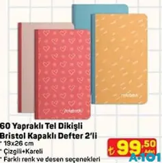 GIPTA 60 YAPRAKLI TEL DİKİŞLİ BRİSTOL KAPAKLI DEFTER 2'Lİ 19X26 CM